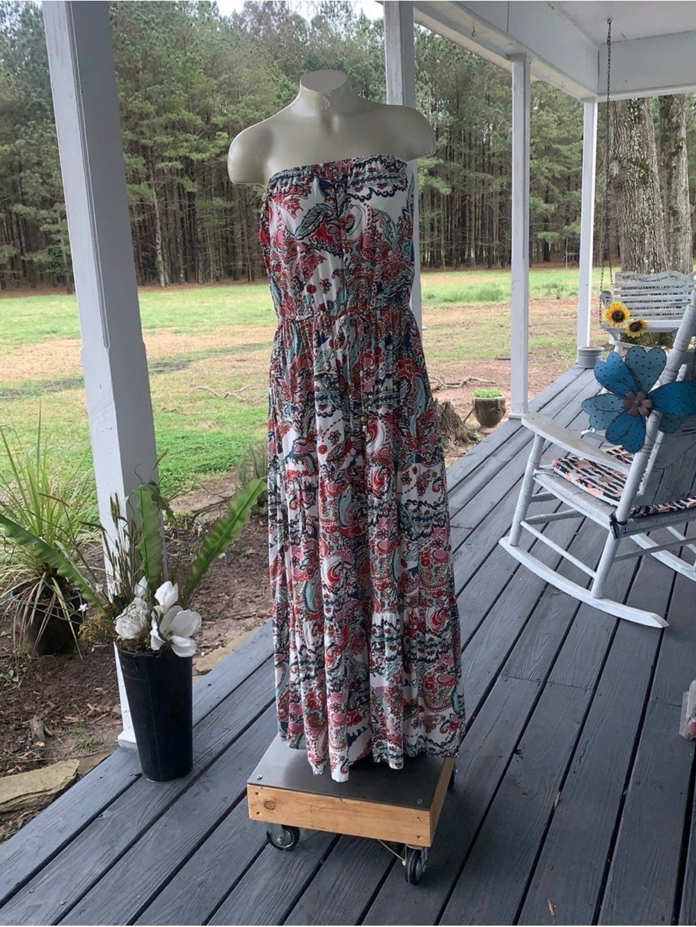 bebe Strapless Maxi Dress in Red, Blue & White Paisley